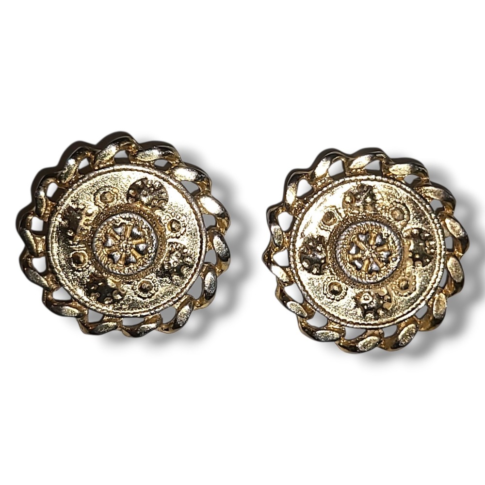Vintage‎ 1980's Large Gold Medallion Button Clip-on Earrings